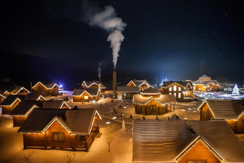 スキュネイザにあるTAOR Karpaty Resort & Spaの夜間雪に覆われた一群の家