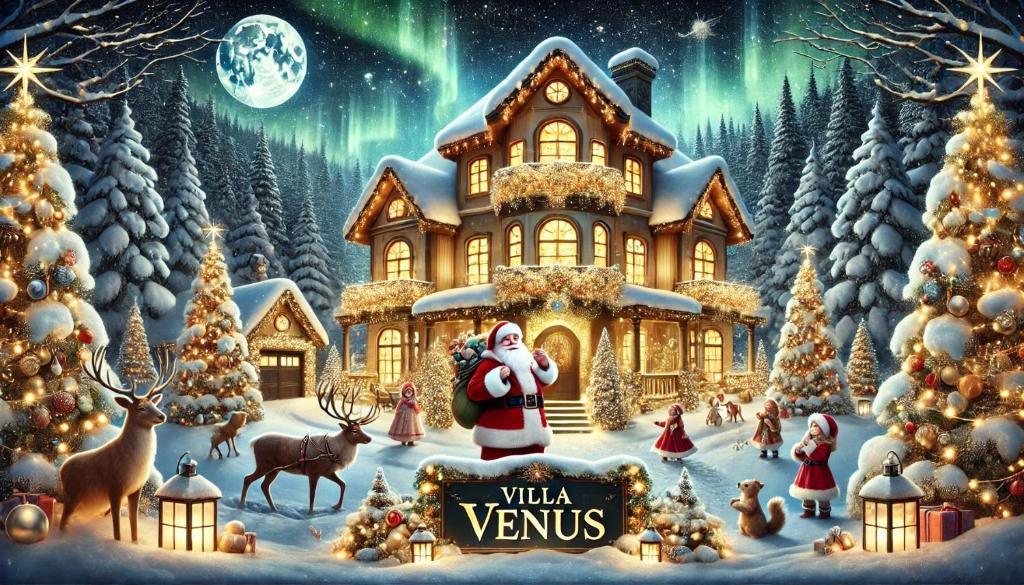 uma foto de Natal do Pai Natal em frente a uma casa em Villa Venus em Deva