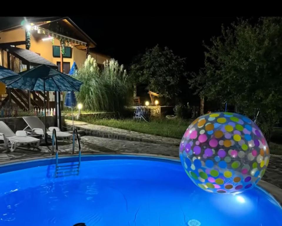 einen Ball, der nachts auf einem Pool sitzt in der Unterkunft Sunshine villa Dzhigurovo in Sandanski