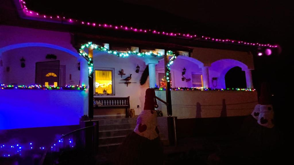 a woman standing in front of a house with christmas lights at Harmony Vendégház Egerszalók in Egerszalók