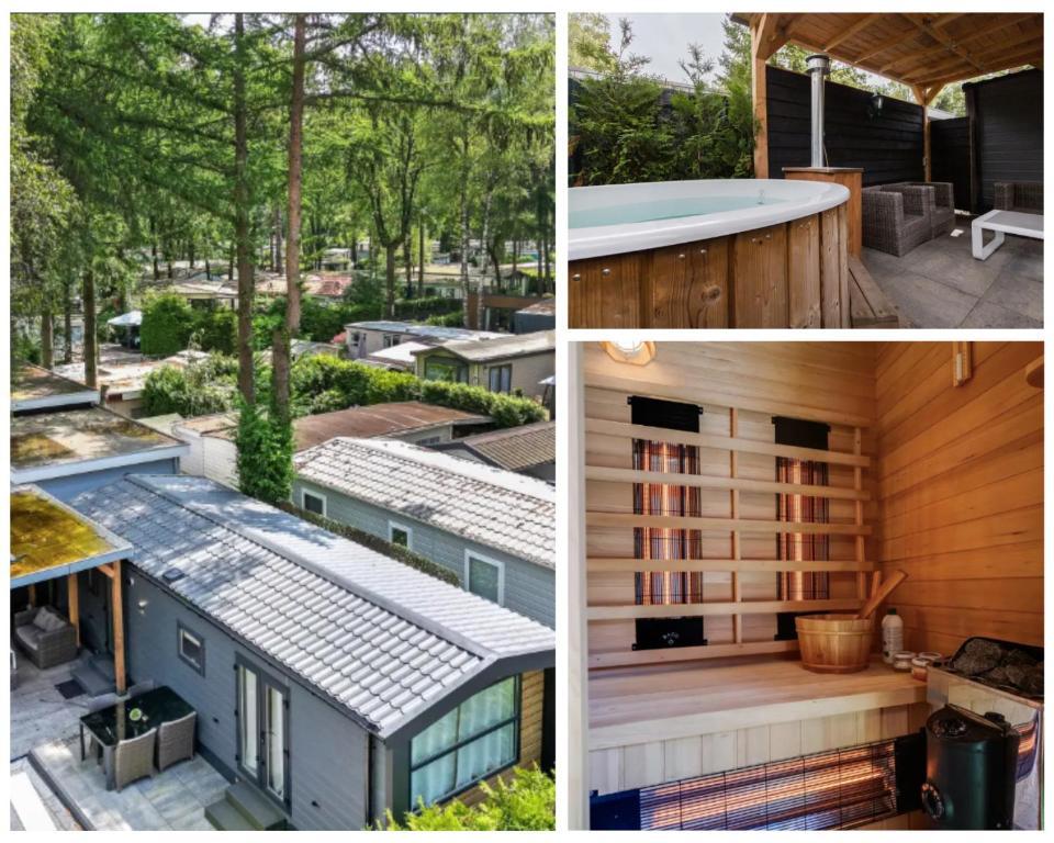 un collage de quatre photos d'une maison dans l'établissement VELUWE HOENDERLOO LUXURY CHALETS WITH PRIVATE SAUNA AND HOT TUB - Swimming Pool Tennis Court Supermarket Bowling Alley Theatre and Entertainment for Children, à Hoenderloo