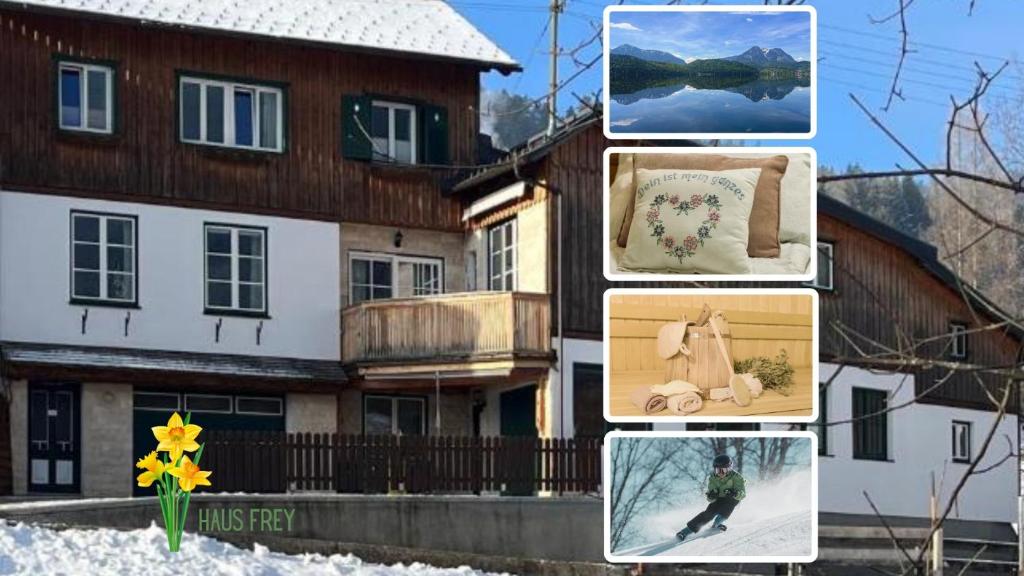 een collage van foto's van een huis in de sneeuw bij Haus Frey in Altaussee