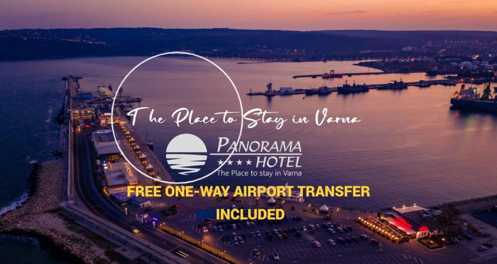 瓦尔纳Panorama Hotel - Free EV Charging Station的落日时网关拱门的照片