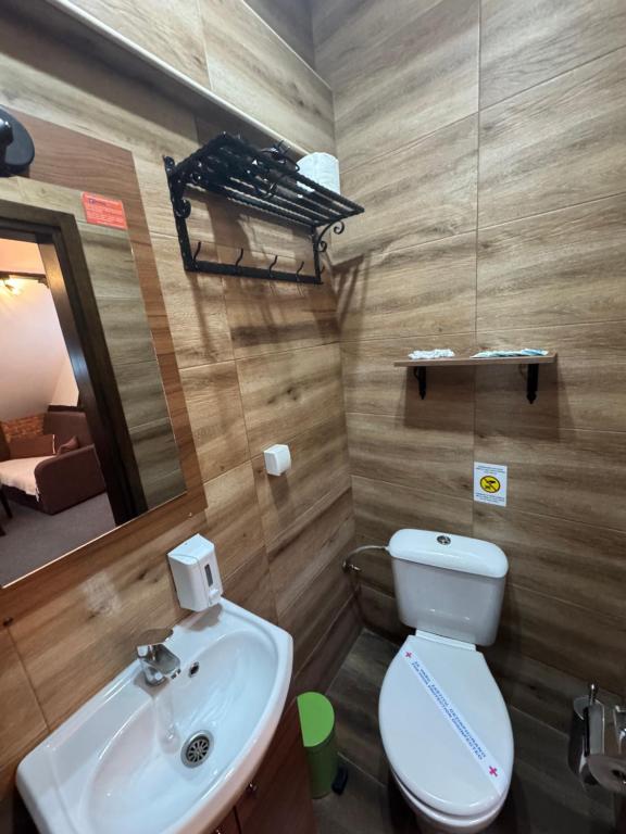 bagno con lavandino, servizi igienici e specchio di Pirocanac rooms & restaurant a Pirot