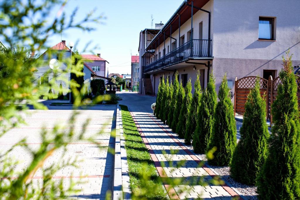 a street with a row of trees next to a building at Villa Centrum Młodości in Augustów