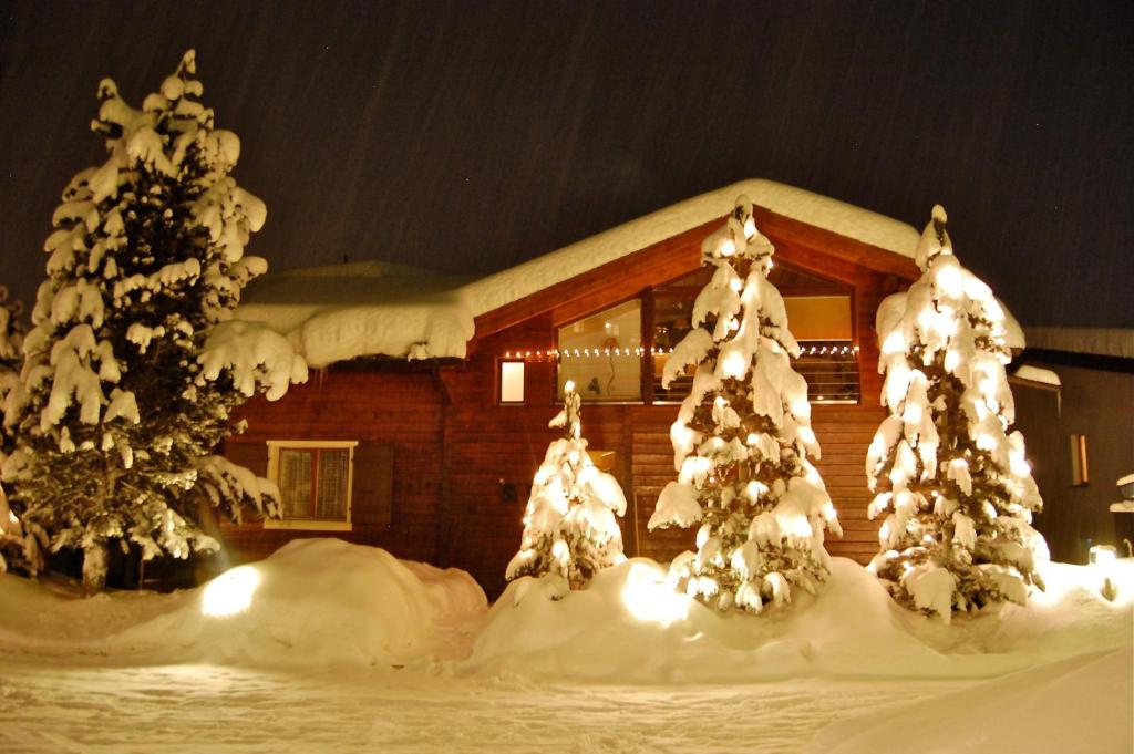 una casa con árboles nevados delante de ella en Ferienwohnung Allalinblick, en Saas-Fee