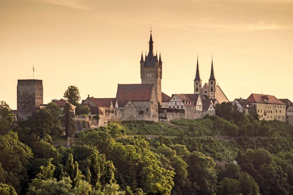 un château au sommet d'une colline plantée d'arbres dans l'établissement Gästehaus Fernblick, à Bad Wimpfen