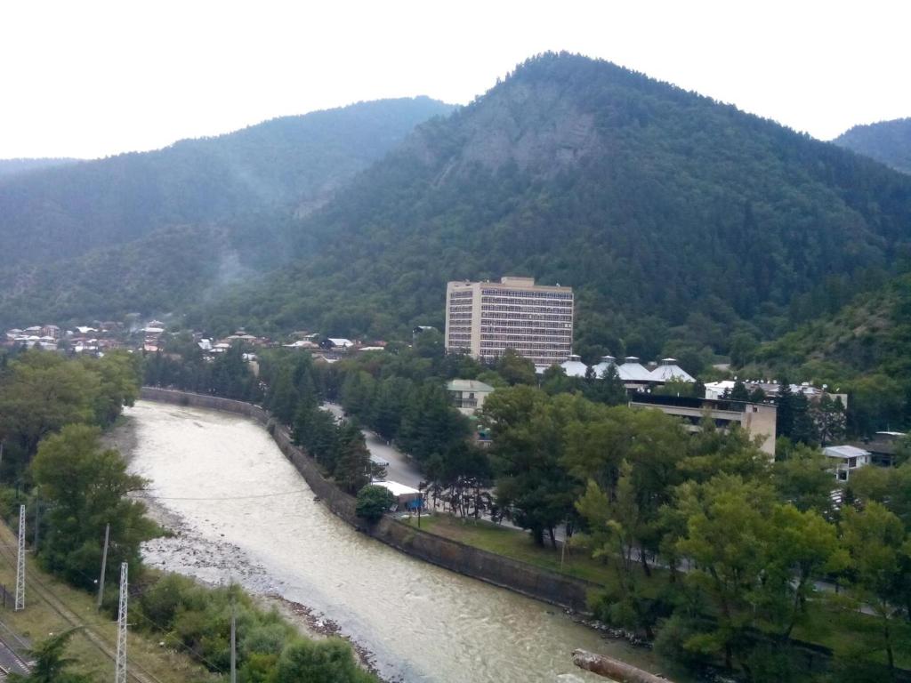 uma vista para um rio com uma cidade e montanhas em Apartment Erekle em Borjomi