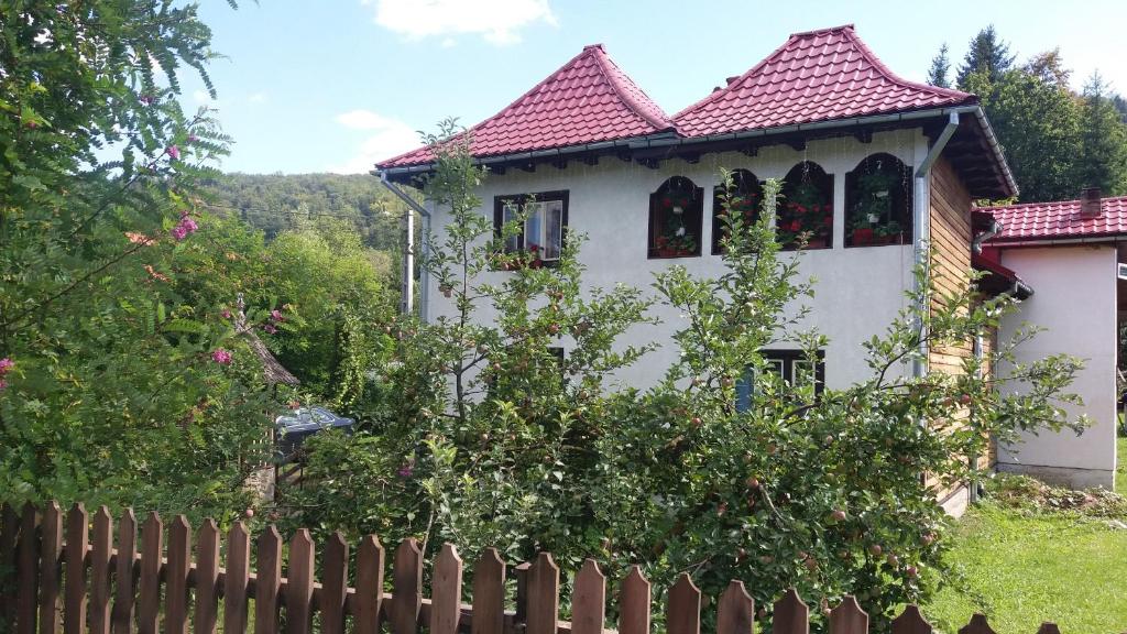 a white house with a fence in front of it at Pensiunea Letitia in Suceviţa