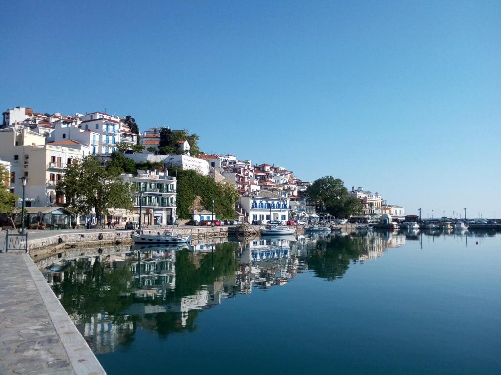 a view of a river with houses and boats at Sofia's Garden Studios in Skopelos Town