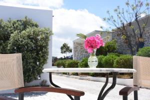 un jarrón de flores sentado en una mesa con dos sillas en Bungalows Marina, en Naousa