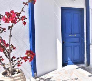 una puerta azul y una planta con flores rojas en Bungalows Marina, en Naousa