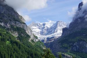 Blick auf einen verschneiten Berg in einem Tal in der Unterkunft Hotel Alpenblick in Grindelwald