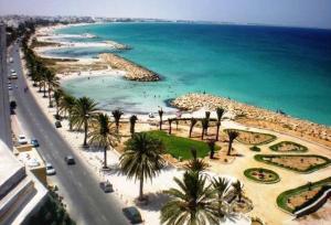 - une vue sur la plage bordée de palmiers et l'océan dans l'établissement Houria House Sable D'or, à Mahdia