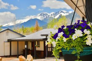 un vaso di fiori su un portico con montagne sullo sfondo di Murphy's Resort a Estes Park