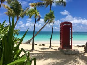 a red phone booth on a beach with palm trees at Siboney Beach Club in Saint Johnʼs