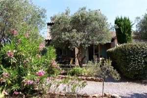 einen Garten mit Bäumen und Blumen vor einem Haus in der Unterkunft Hotel Les Oliviers in Draguignan