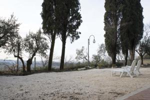 two white chairs and a light pole and trees at La Dolce Casetta in Grottaferrata