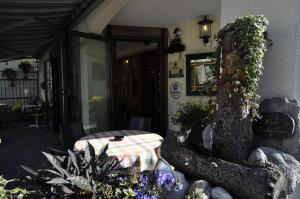 a table in the front of a house with plants at Gasthaus Skiklub in Andermatt