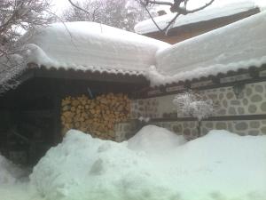 una casa cubierta de nieve con un montón de nieve en el techo en Къща за гости Типик, en Bansko