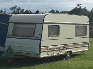 einem grünen und weißen Wohnwagen auf einem Feld in der Unterkunft Camping Intercamp Tatranec in Tatranská Lomnica