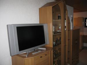 una TV a schermo piatto seduta sopra un armadio in legno di Ferienwohnung Karlsruh a Warmensteinach