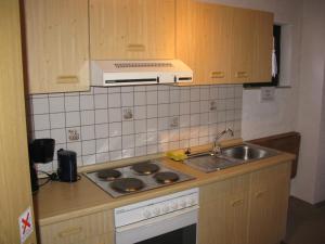 una cucina con lavandino e piano cottura forno superiore di Ferienwohnung Karlsruh a Warmensteinach