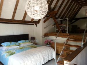 Schlafzimmer mit einem Bett und einem Kronleuchter in der Unterkunft B & B De Pimpelmees in 's-Gravenmoer