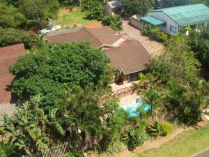 an overhead view of a house with a pool and trees at African Dreamz Guest House in St Lucia