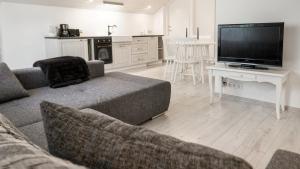 un soggiorno con divano e TV a schermo piatto di Best Stay- Pärnu With Garden a Pärnu