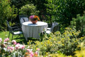 a table with a pot of flowers on it in a garden at Appartements Plattnerhof in Castelrotto