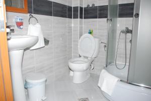 y baño con aseo, lavabo y ducha. en M Garni Hotel, en Vranje