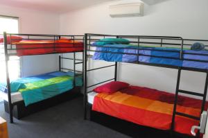 a room with three bunk beds with colorful sheets at Alpine Sports Lodge in Bright