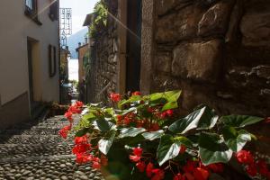 un callejón de piedra con flores rojas al lado de un edificio en Hotel Bellagio, en Bellagio