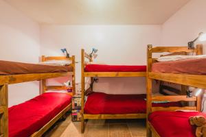 um quarto com 4 beliches com lençóis vermelhos em The Trip Hostel em Punta del Este