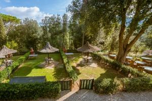 uma vista aérea de um jardim com mesas e guarda-sóis em Il Castagno Toscana em Campiglia Marittima