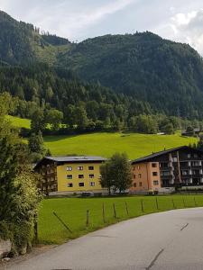 un edificio en un campo con una montaña en el fondo en Appartement Daniel 2 Kaprun, en Kaprun