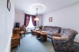 een woonkamer met een bank, stoelen en een tafel bij Valašský Hotel a Pivní lázně OGAR in Luhačovice