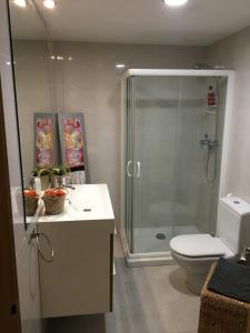 a bathroom with a shower and a toilet at SkyLinePamplona in Pamplona