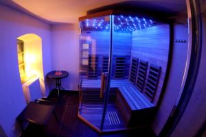 a room with a glass shower with a table at Penzion Kasper Cyklopenzion in Jindrichuv Hradec