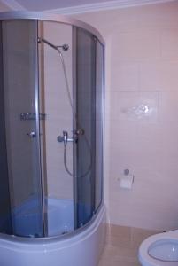 a bathroom with a glass shower with a toilet at Hotel Palma in Odesa