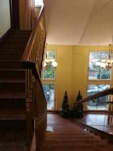 Una escalera en una casa con árboles de Navidad en Retro Hotel Villa Ostrava, en Ostrava