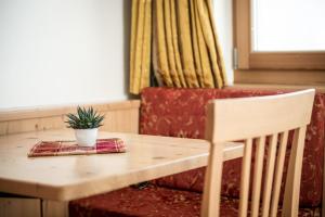 uma mesa de madeira com um vaso de plantas em cima em Hotel Ciasa Rü Blanch em San Cassiano