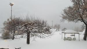 un cortile coperto da neve con alberi e un gazebo di Hotel Castello a Montjovet