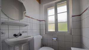 a bathroom with a sink and a toilet and a mirror at Gasthaus Skiklub in Andermatt