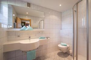 a bathroom with a sink and a toilet and a mirror at Appartements Rofan in Maurach