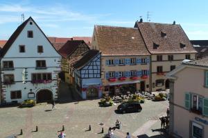 grupa budynków i ludzi na dziedzińcu w obiekcie Gîte au château fleuri w mieście Eguisheim