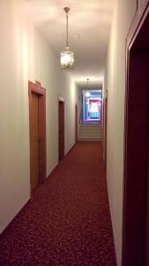 an empty hallway with doors and a red carpet at Gasthof Ulrich Meyer in Landshut