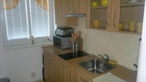 a kitchen with a sink and a microwave at Apartmán Srní in Srní