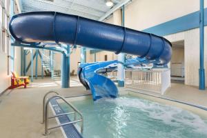 un tobogán de agua azul en una piscina cubierta en Travelodge by Wyndham Edmonton West, en Edmonton